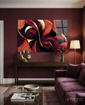 Crimson Petal Swirls Gold Ribbon Glass Wall Art