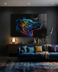 Neon Dog Profile Crescent Moon Glass Wall Art