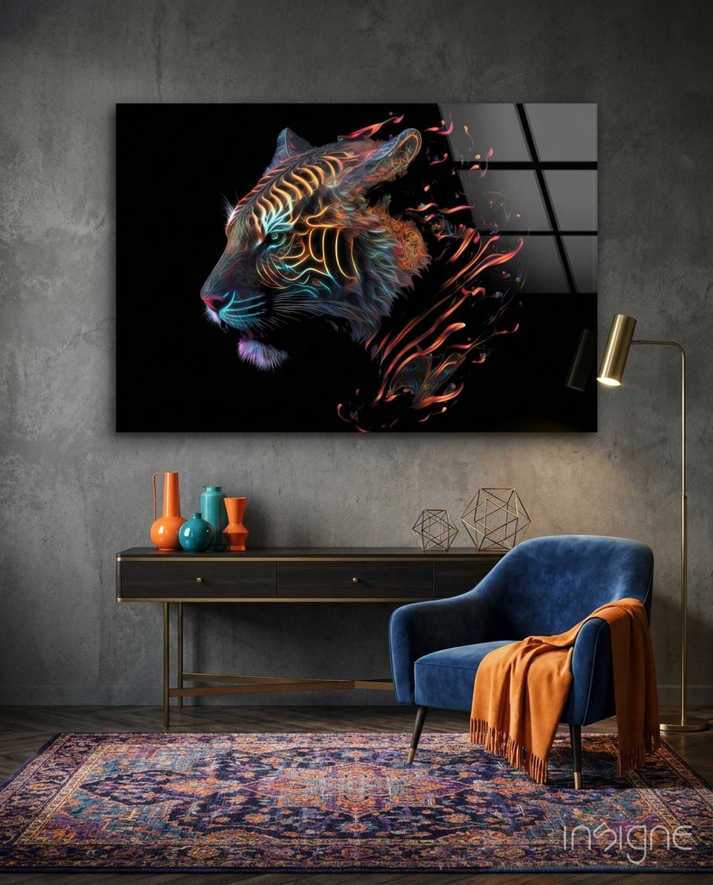 Neon Outline Tiger Head Flames Glass Wall Art