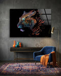 Neon Outline Tiger Head Flames Glass Wall Art
