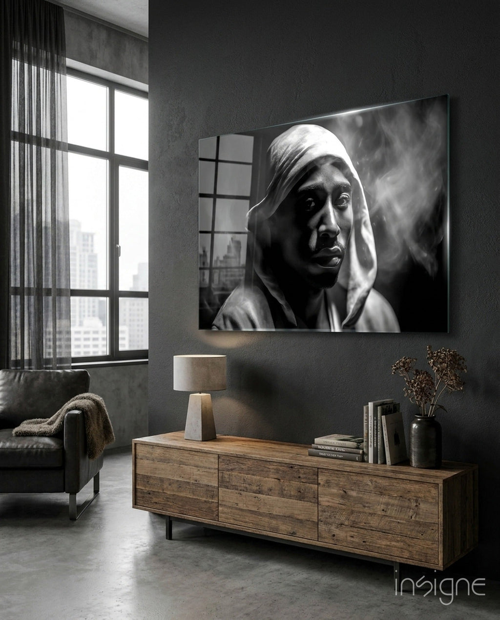 Monochrome Hooded Rapper Portrait Glass Wall Art