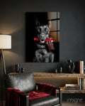 Doberman Holding Red Pistol Glass Wall Art