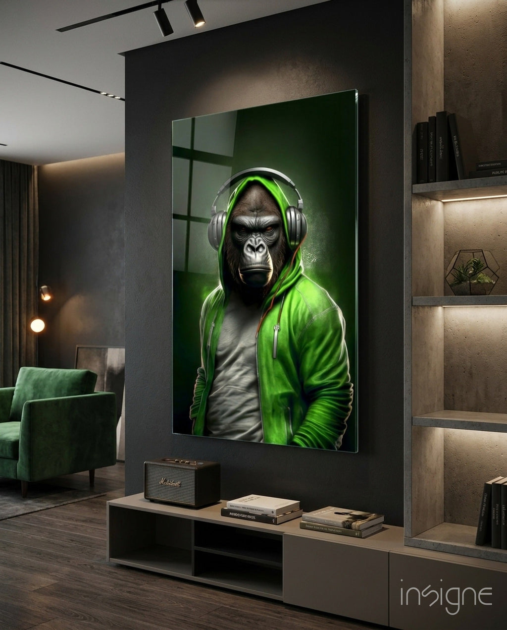 Gorilla in Lime Green Hoodie Headphones Glass Wall Art