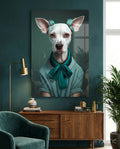 White Dog in Teal Bow Hair Rollers Glass Wall Art