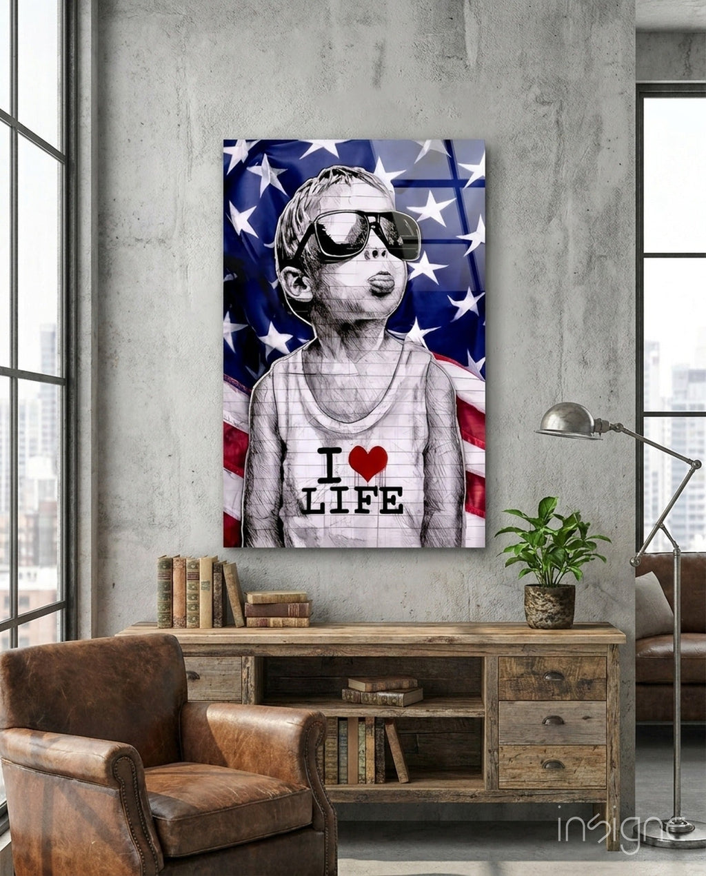 American Flag Sunglasses Boy Glass Wall Art