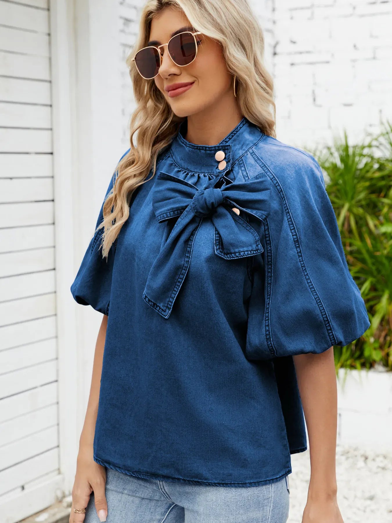 Denim Bow Tie Puff Sleeve Ladies Top
