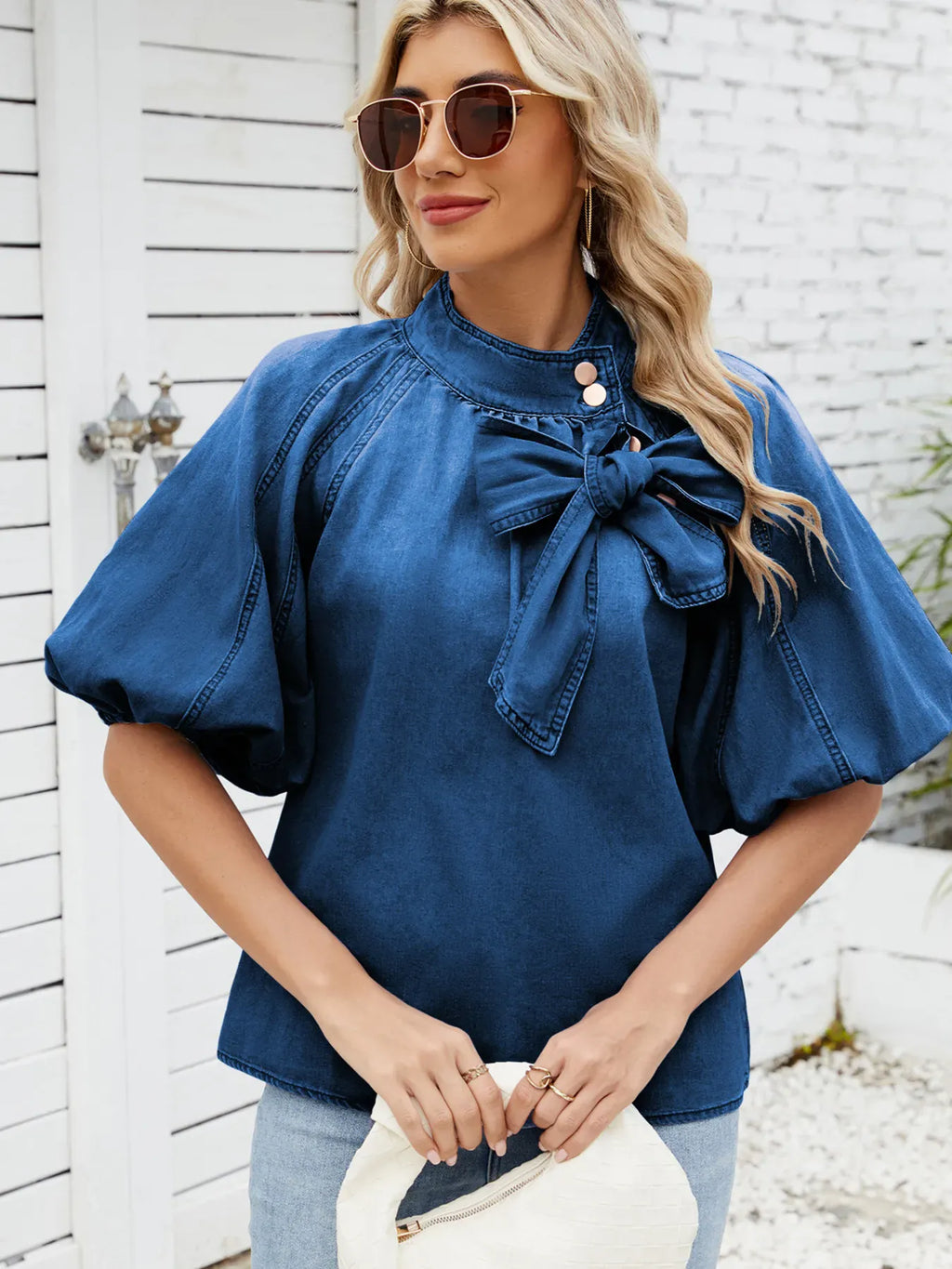 Denim Bow Tie Puff Sleeve Ladies Top