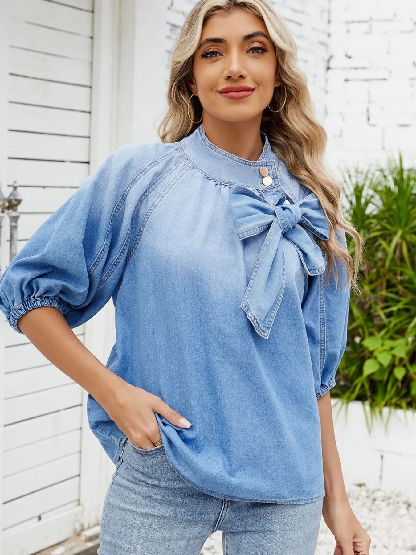 Denim Bow Tie Puff Sleeve Ladies Top