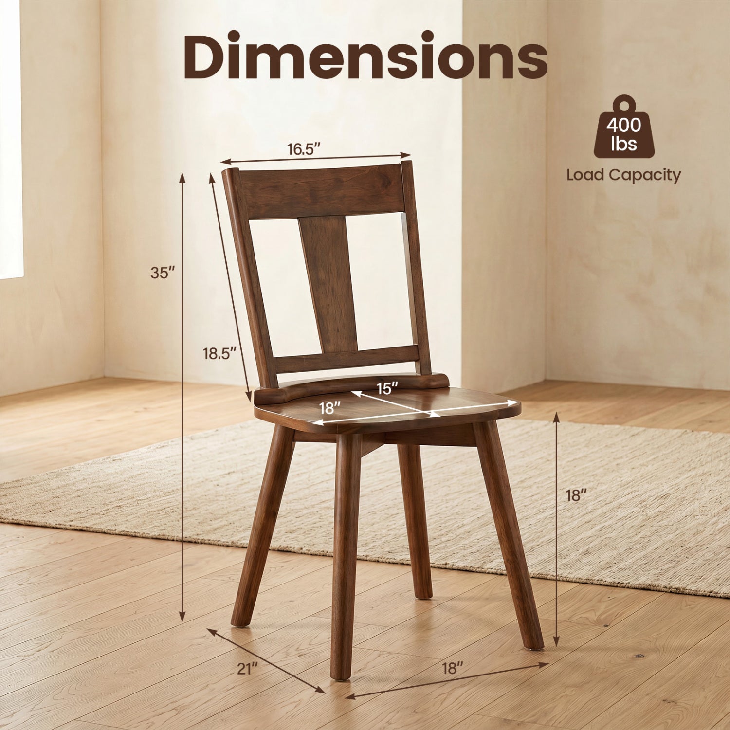 Solid Wood Dining Chairs Set of 2 with Ergonomic Backrest