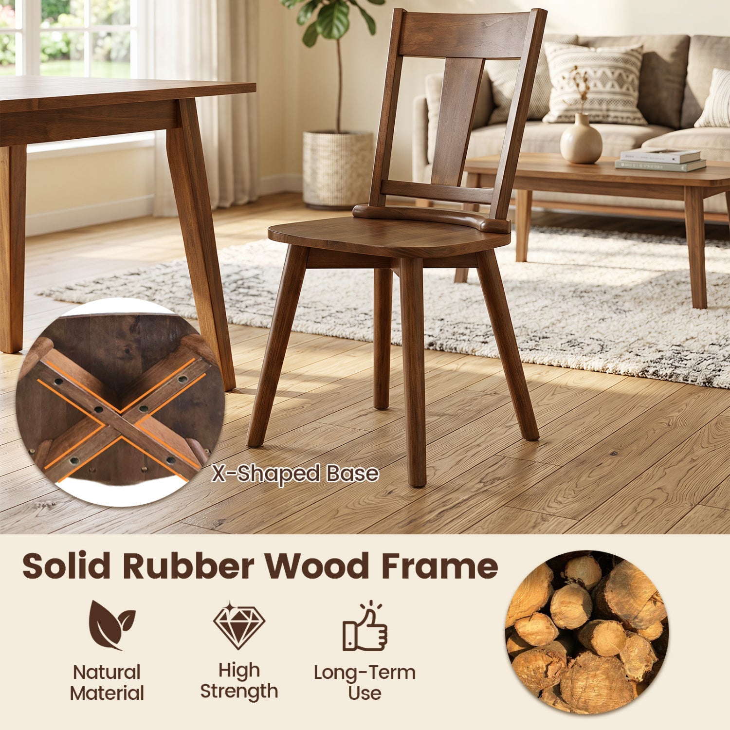 Solid Wood Dining Chairs Set of 2 with Ergonomic Backrest