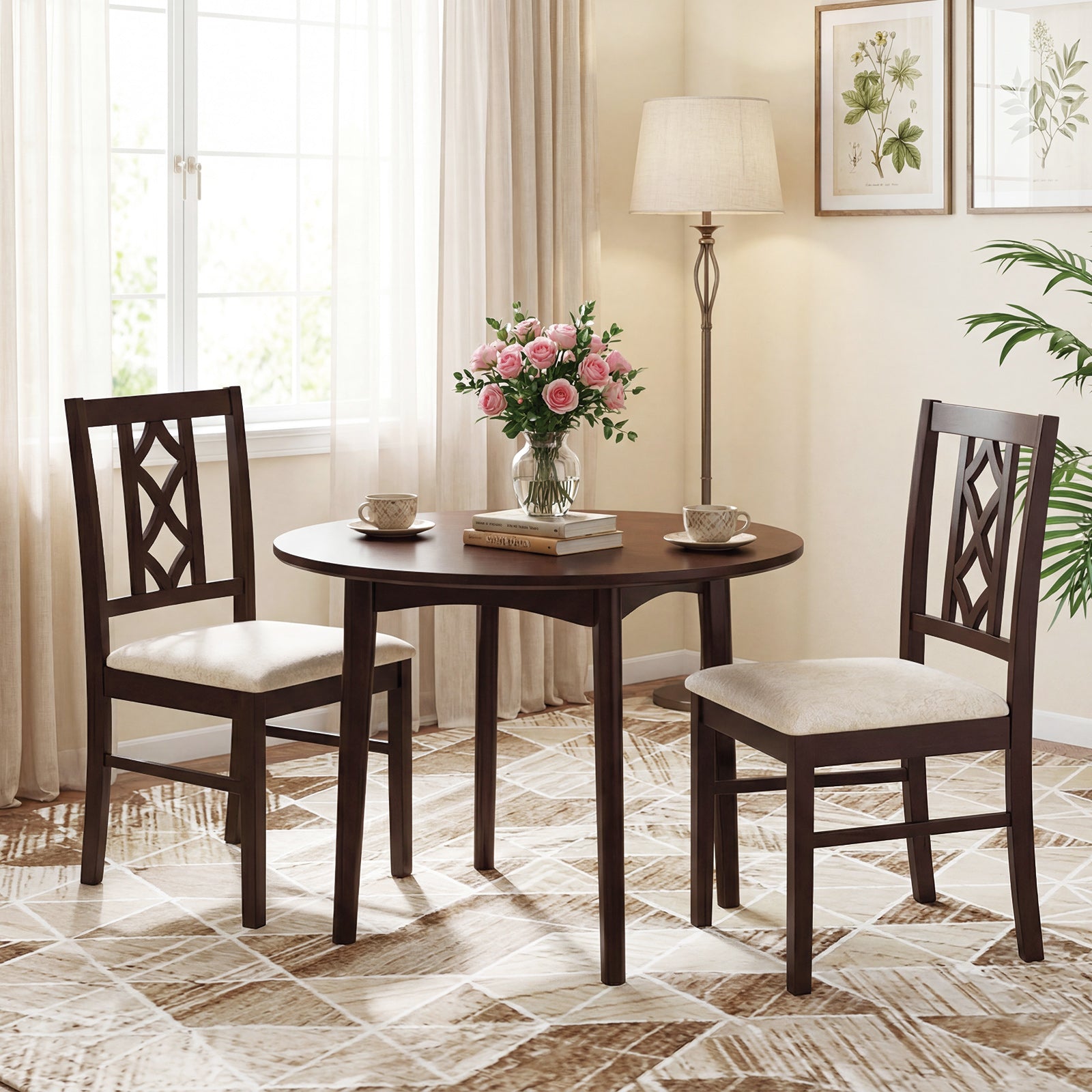Dining Room Chairs Set of 2 Rubber Wood Dining Chairs with Hollowed Backrest-Brown