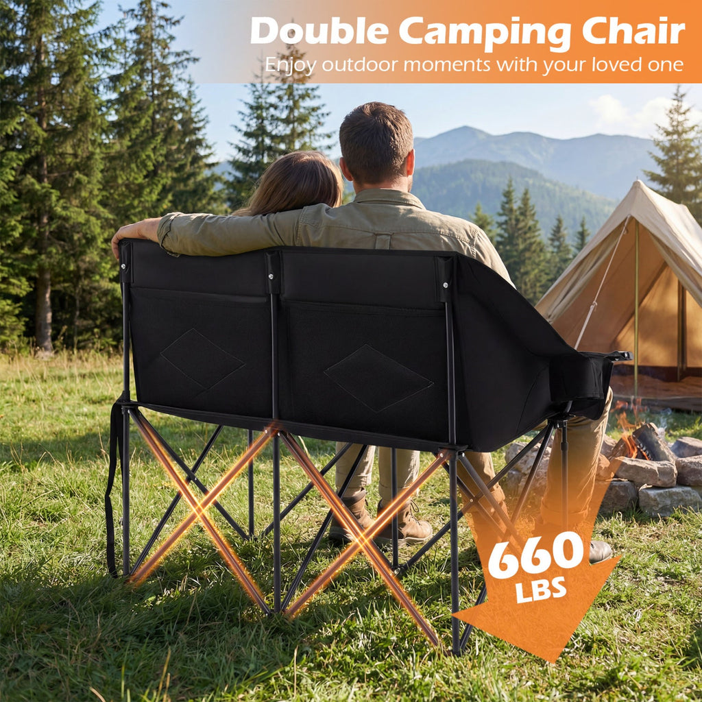 Double Camping Chair with Cup Holders Glass Racks and Mesh Pockets