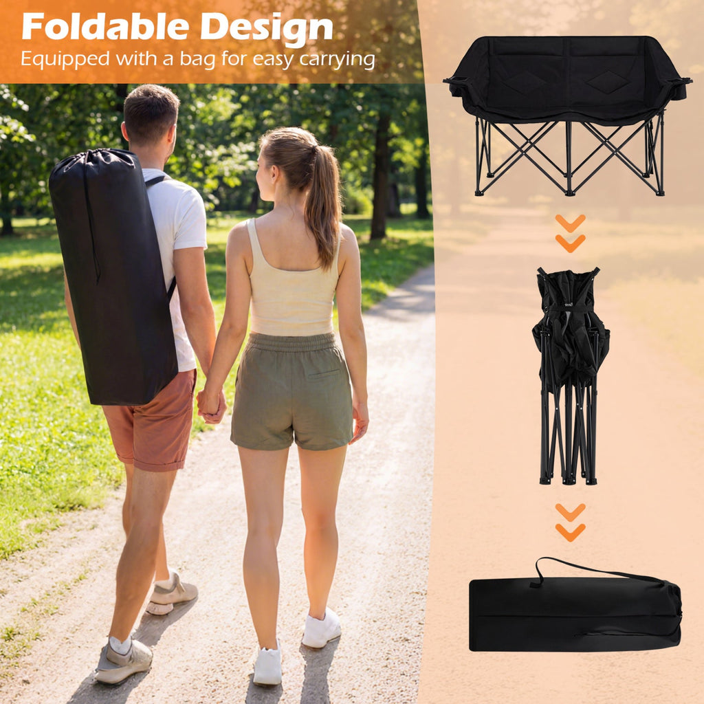 Double Camping Chair with Cup Holders Glass Racks and Mesh Pockets