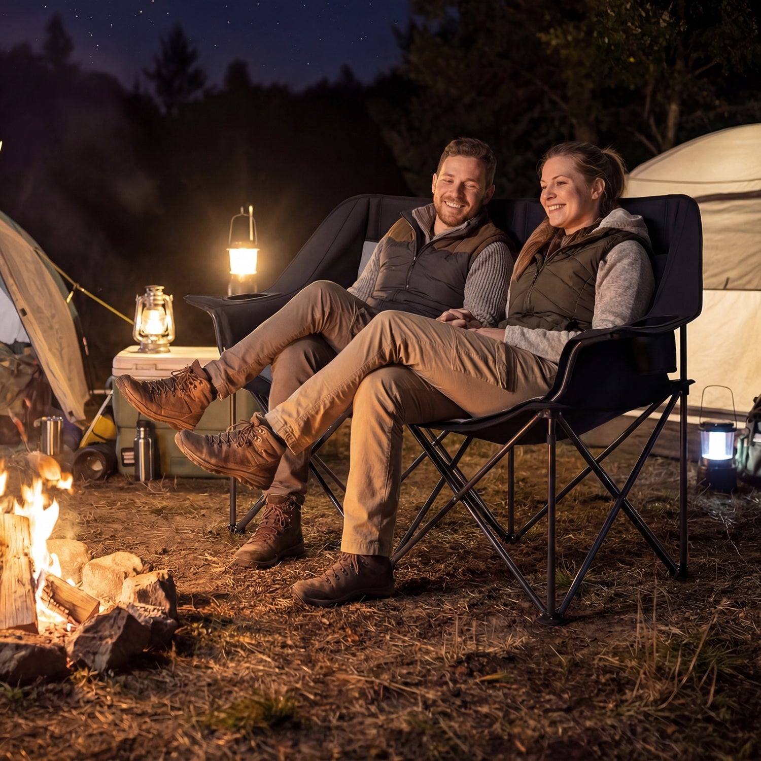 Double Camping Chair with Cup Holders Glass Racks and Mesh Pockets