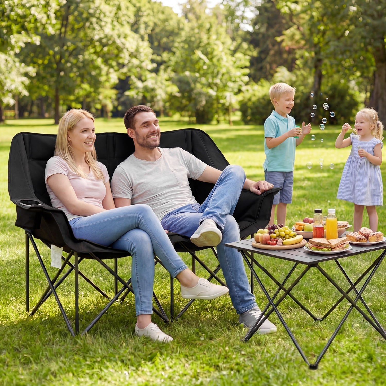 Double Camping Chair with Cup Holders Glass Racks and Mesh Pockets