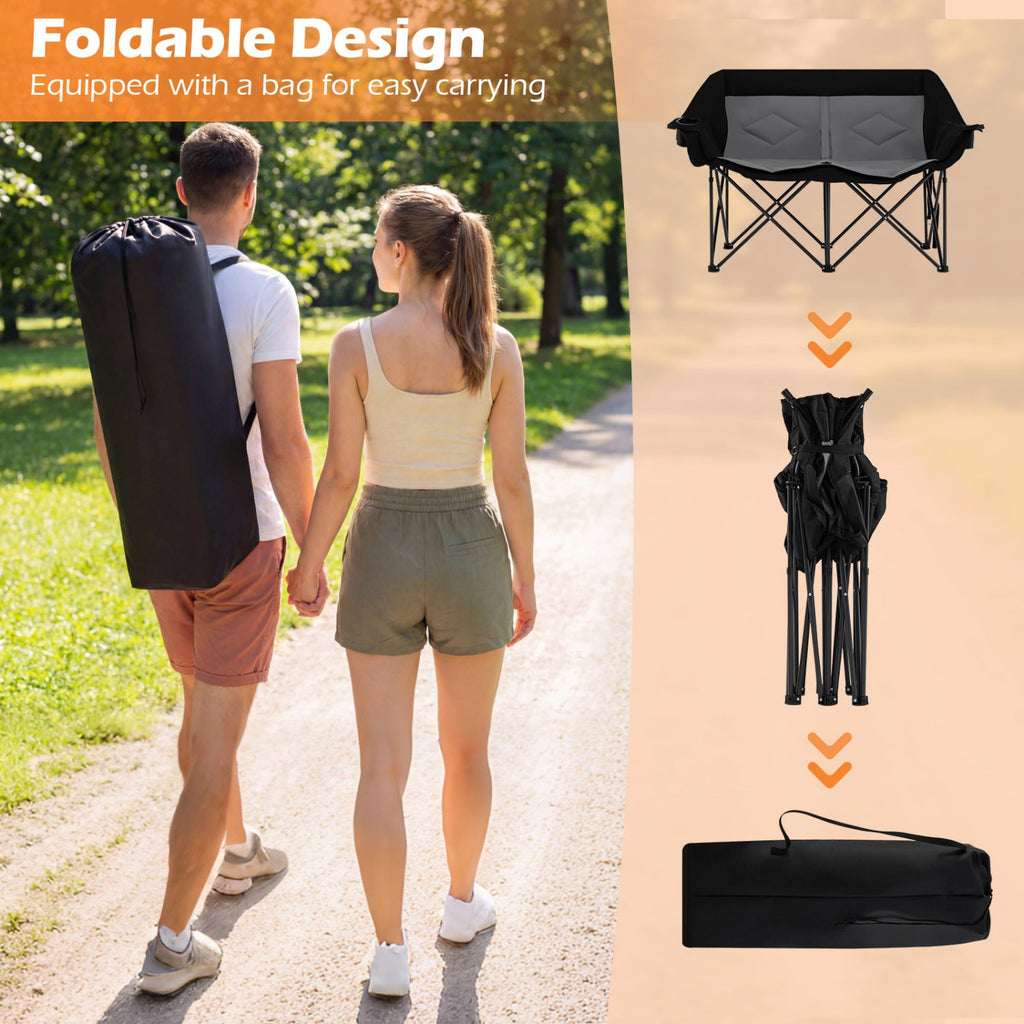 Double Camping Chair with Cup Holders Glass Racks and Mesh Pockets