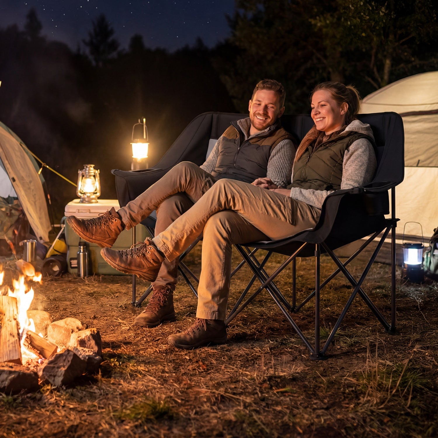 Double Camping Chair with Cup Holders Glass Racks and Mesh Pockets