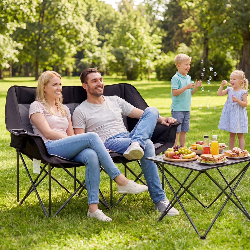 Double Camping Chair with Cup Holders Glass Racks and Mesh Pockets