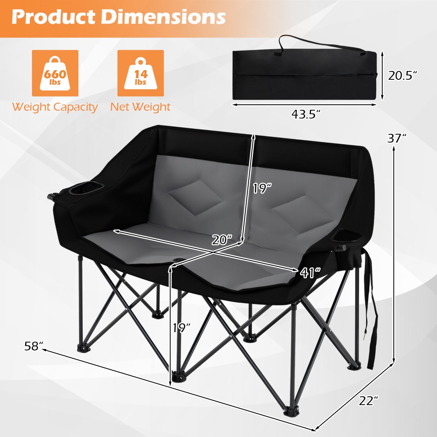 Double Camping Chair with Cup Holders Glass Racks and Mesh Pockets