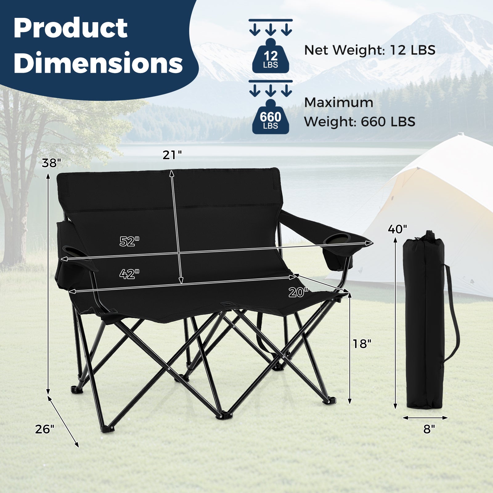 Double Camping Chair 2-Person Outdoor Folding Loveseat with Cup Holders