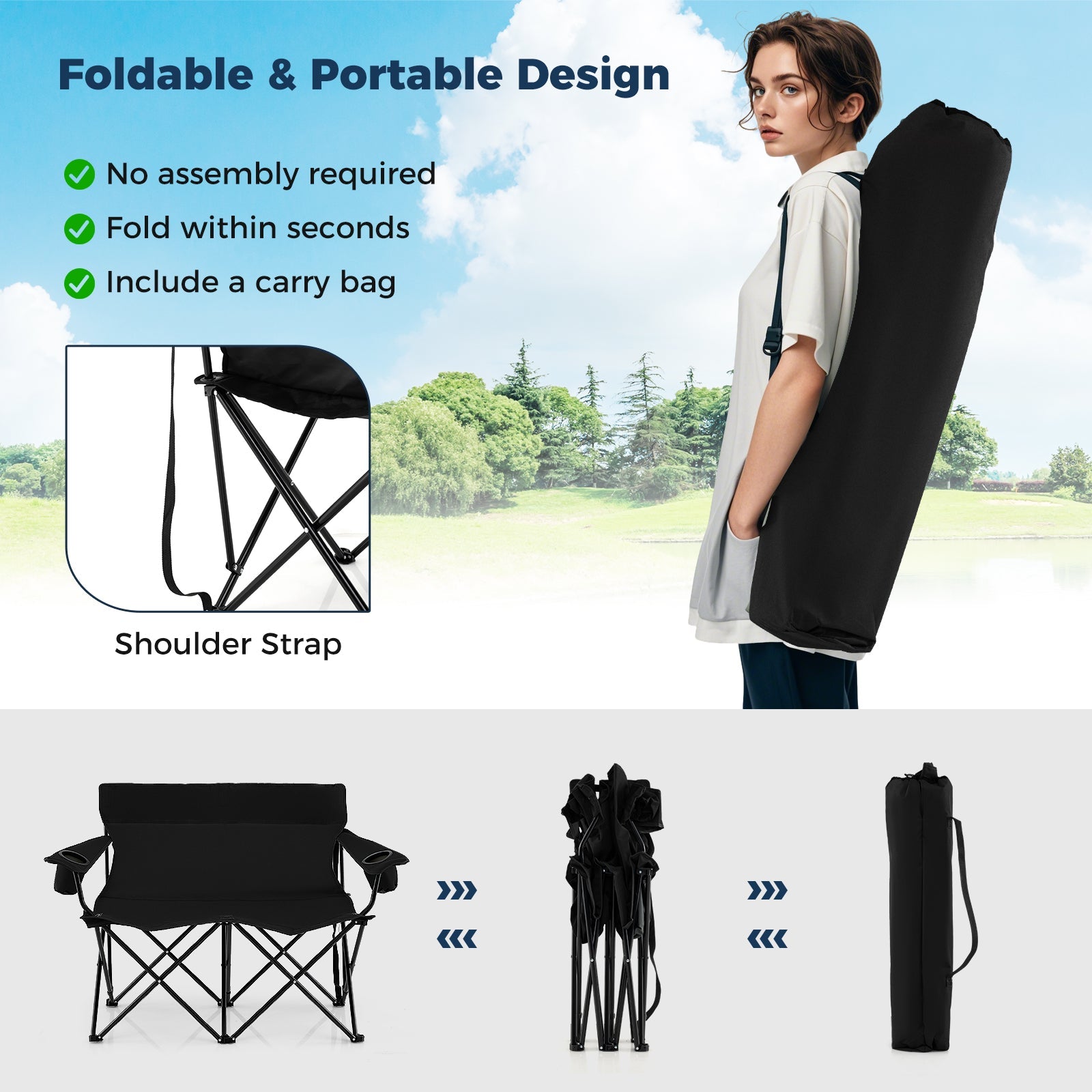 Double Camping Chair 2-Person Outdoor Folding Loveseat with Cup Holders