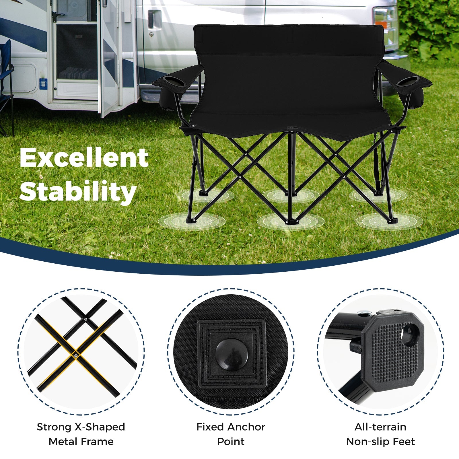 Double Camping Chair 2-Person Outdoor Folding Loveseat with Cup Holders