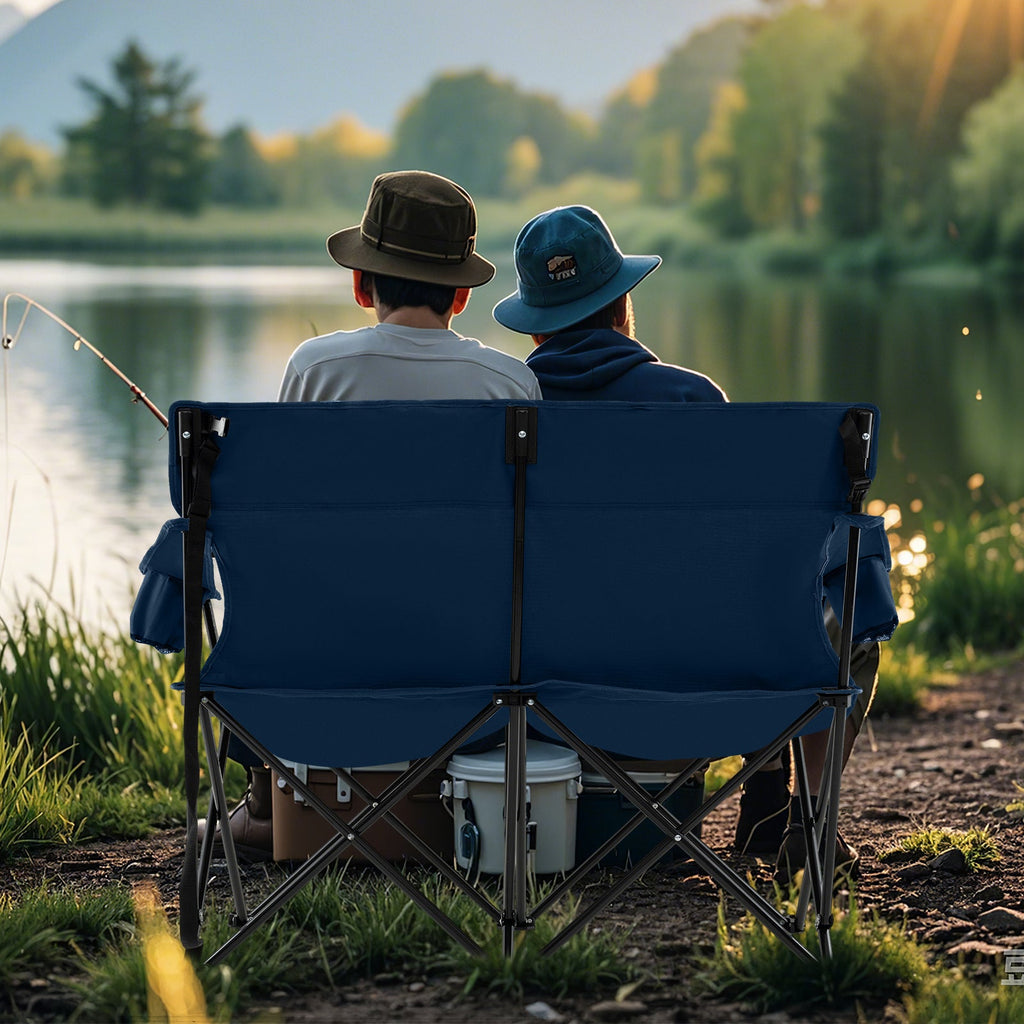 Double Camping Chair 2-Person Outdoor Folding Loveseat with Cup Holders