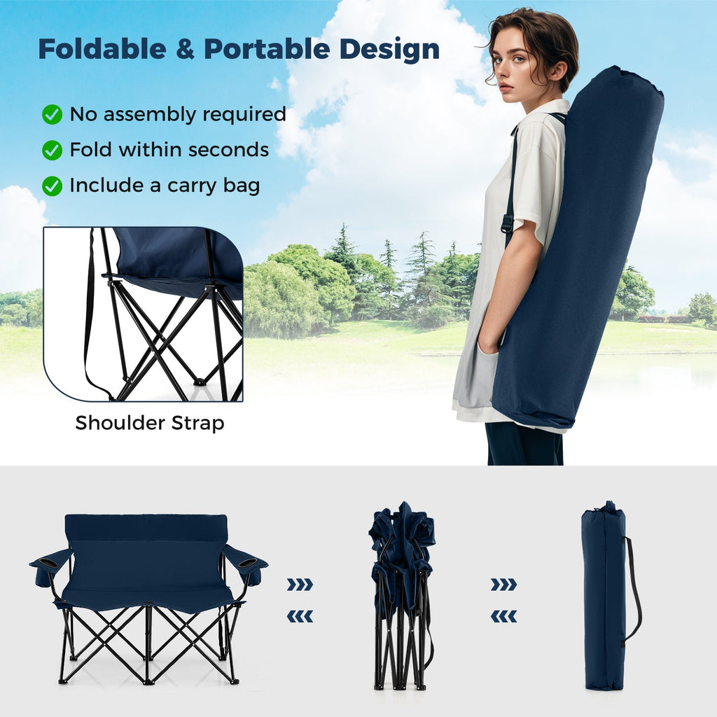 Double Camping Chair 2-Person Outdoor Folding Loveseat with Cup Holders