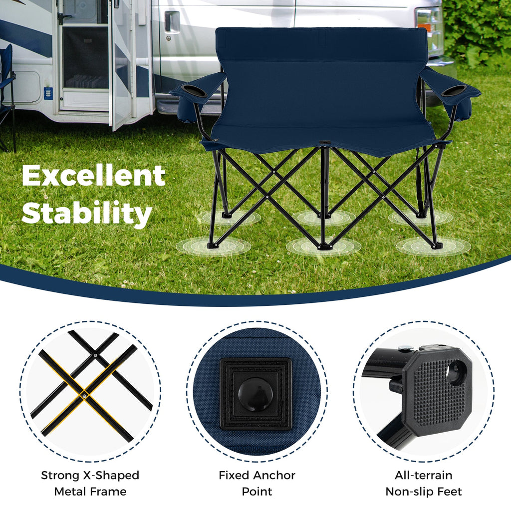 Double Camping Chair 2-Person Outdoor Folding Loveseat with Cup Holders