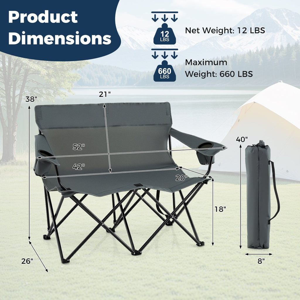Double Camping Chair 2-Person Outdoor Folding Loveseat with Cup Holders