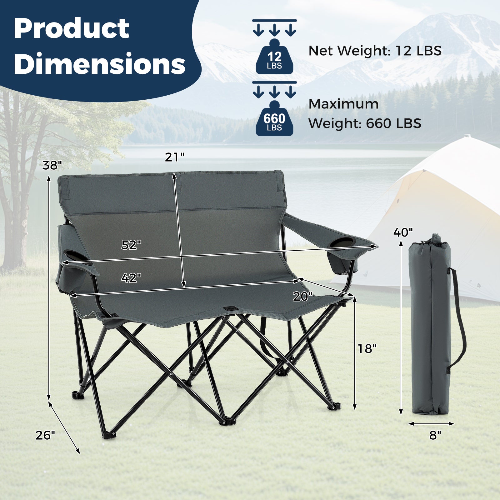 Double Camping Chair 2-Person Outdoor Folding Loveseat with Cup Holders