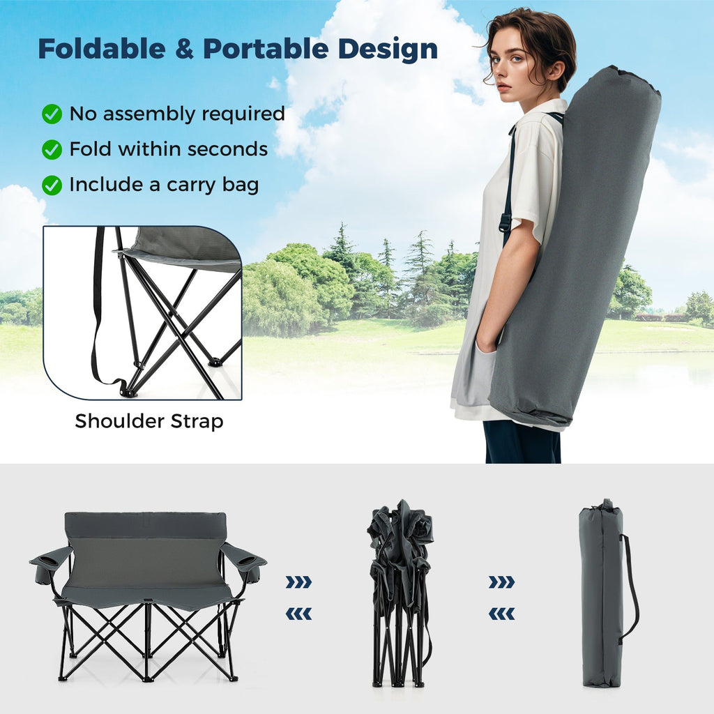 Double Camping Chair 2-Person Outdoor Folding Loveseat with Cup Holders