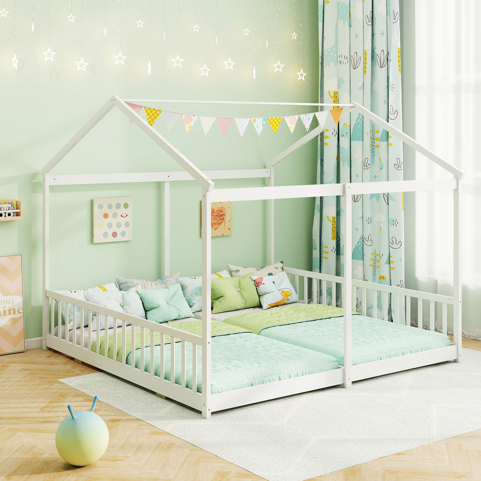 Double Floor Bed for Twins House Beds with Safety Guardrails for 2 Kids-White