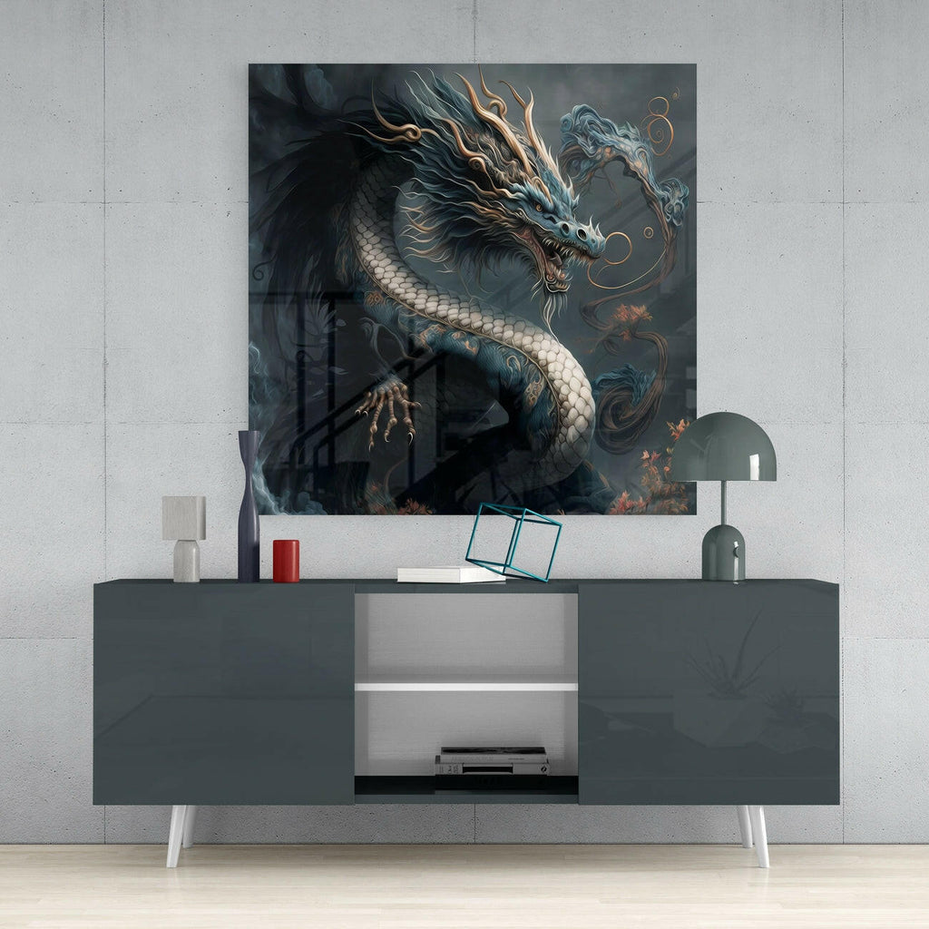 Dark Oriental Dragon Gold Whiskers Glass Wall Art