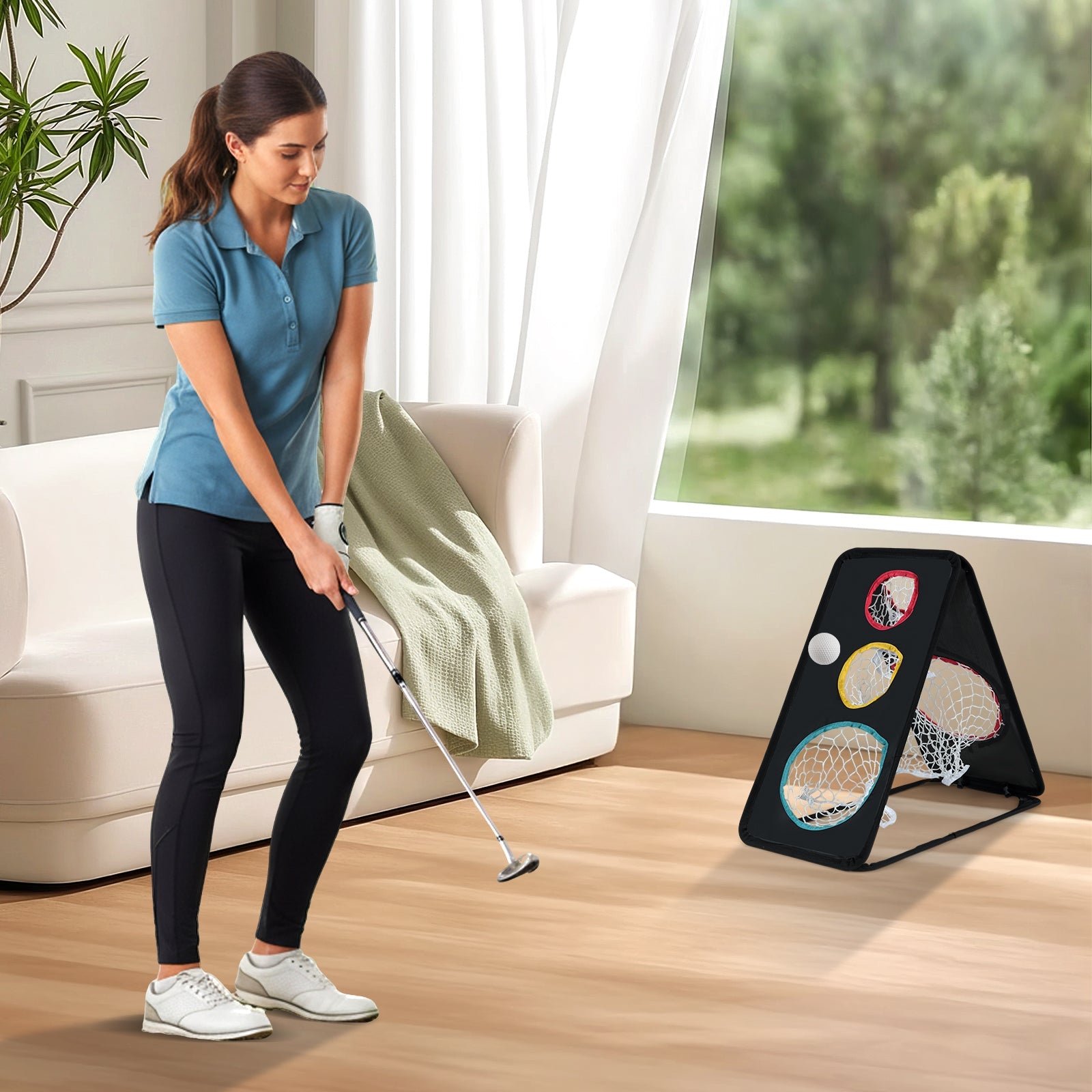 Dual-Sided Golf Chipping Net Triple Target Training System with 5 Target Holes