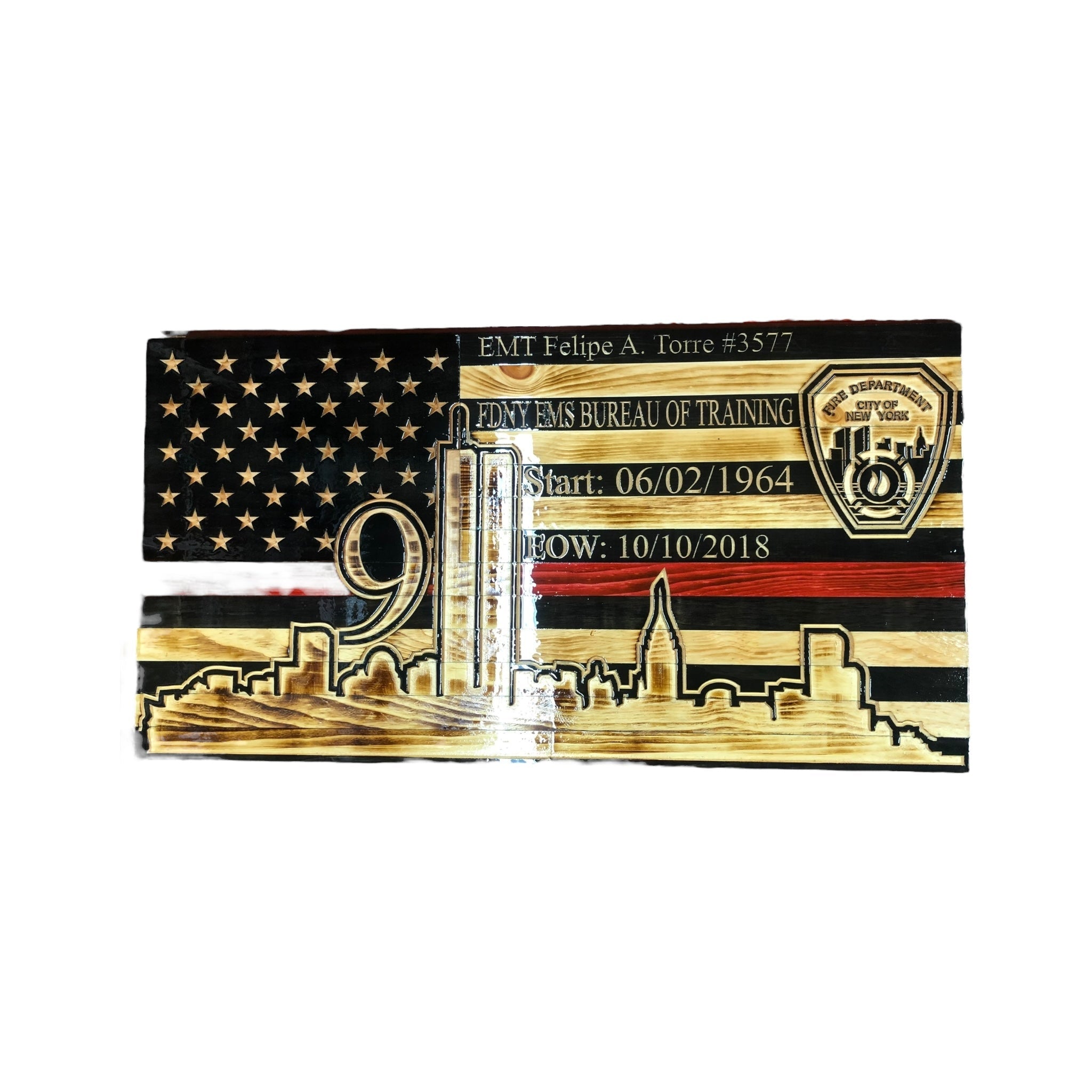 Personalized 9/11 Tribute Wooden Flag with NYC Skyline