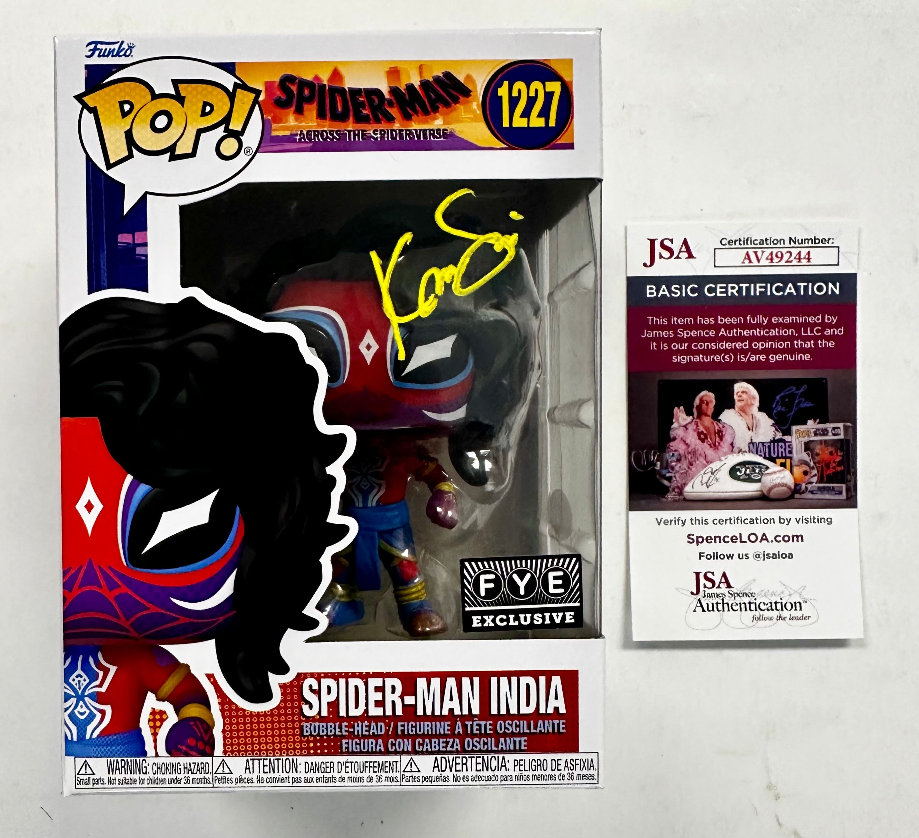 Karan Soni Signed (Deco) Spider-Man India Funko Pop! #1227 Across The Spider-Verse FYE Exclusive With JSA COA