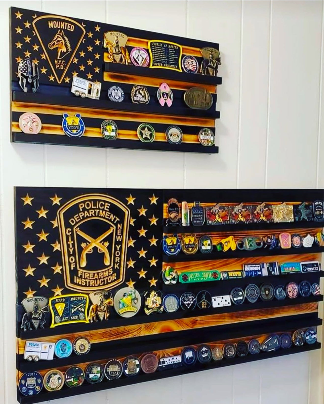 Custom Wooden Challenge Coin Display Flag with Engraved Badge