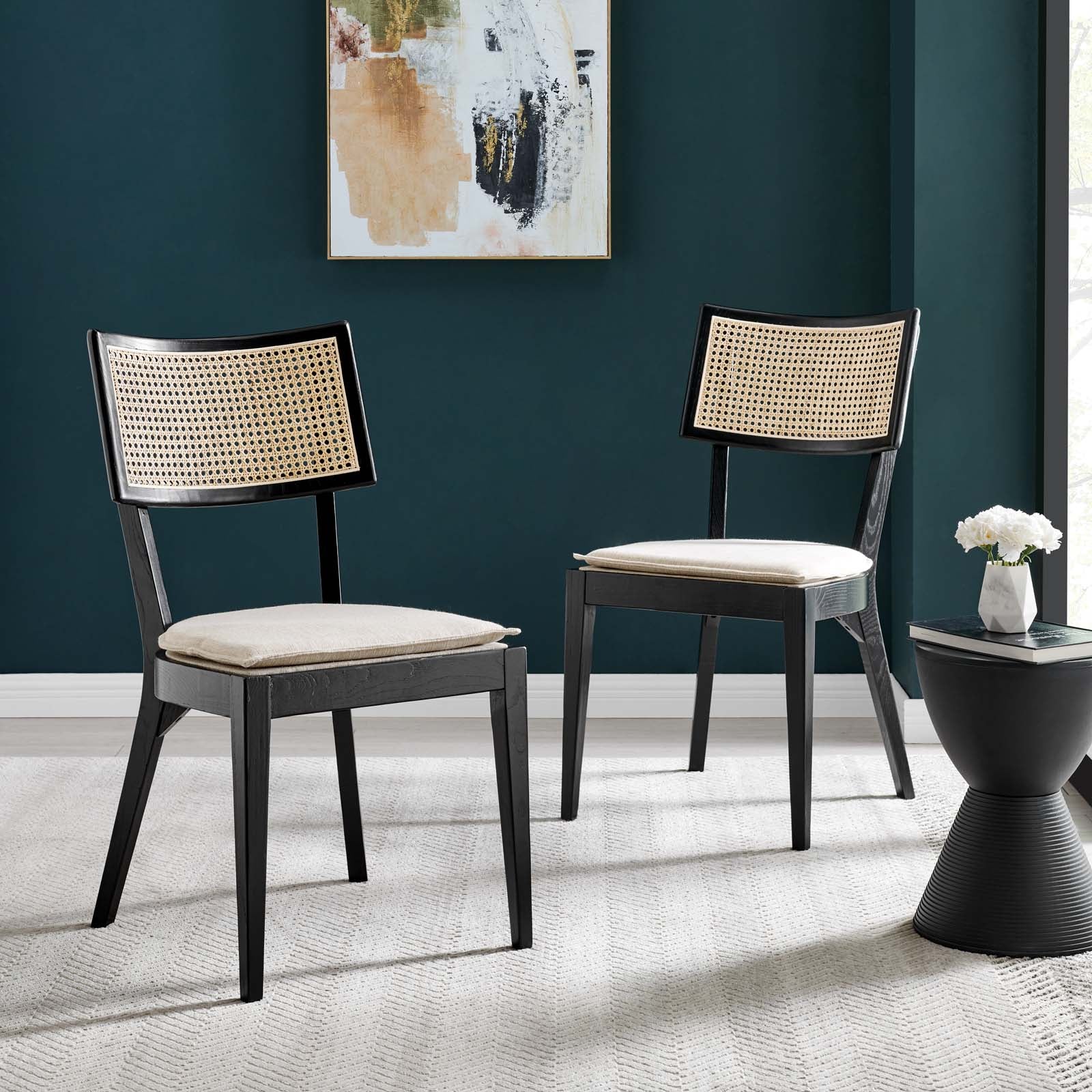 Caledonia Fabric Upholstered Wood Dining Chair Set of 2 by Modway