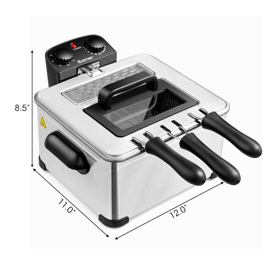 Electric Deep Fryer 5.3QT/21-Cup Stainless Steel 1700W with Triple Basket-Silver