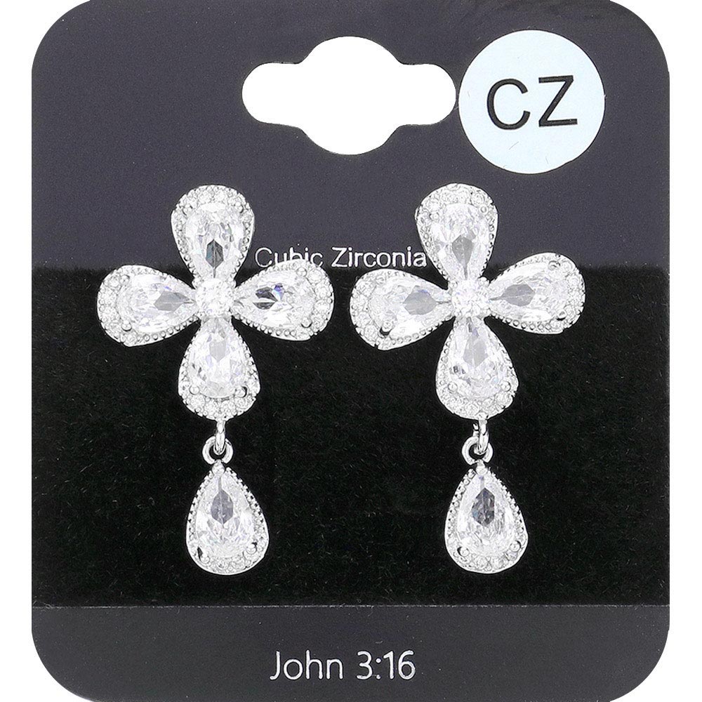 CZ Flower Pointed Teardrop Stone Dangle Evening Earrings