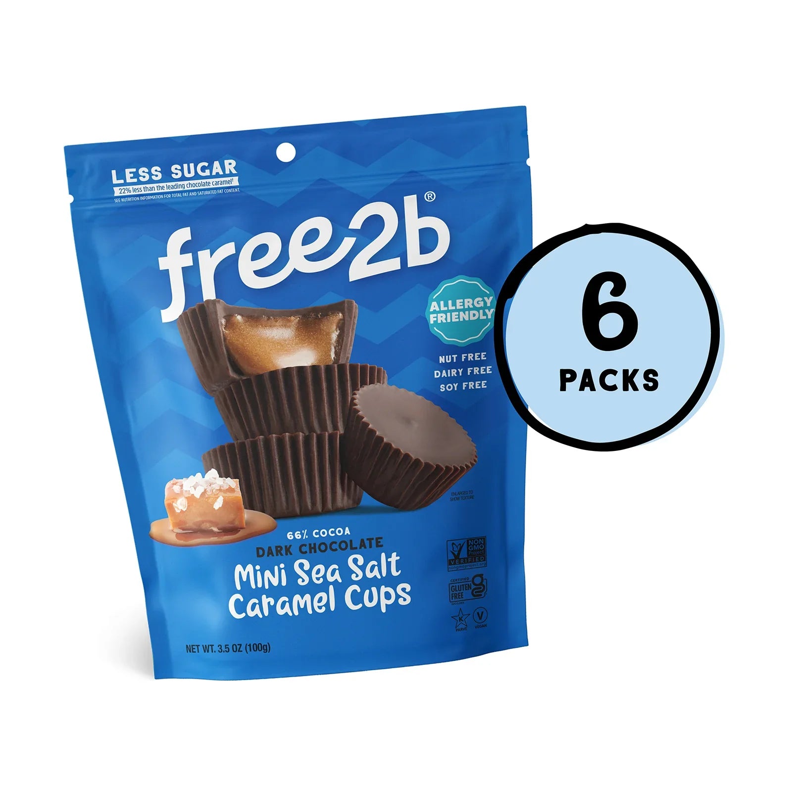 Free 2 B Mini Dark Chocolate Sea Salt Cups, 3.5 oz, Pack of 6