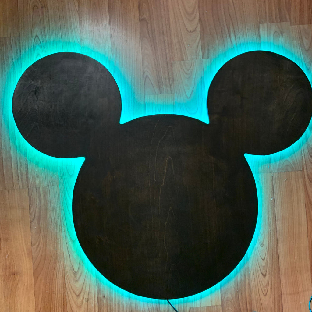 Wooden Mickey Head Wall Art with LED Backlighting and Custom Personalization