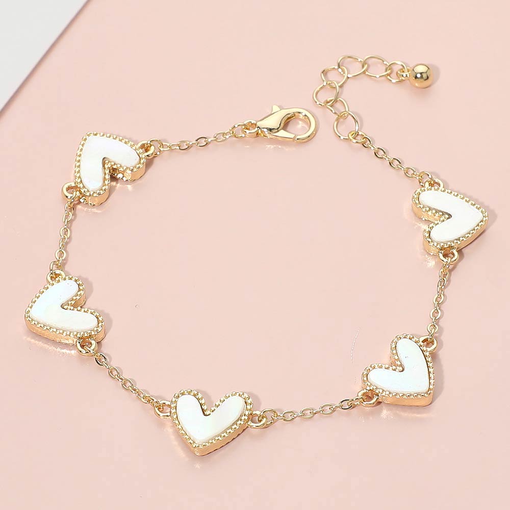 Mother of Pearl Heart Charm Station Bracelet