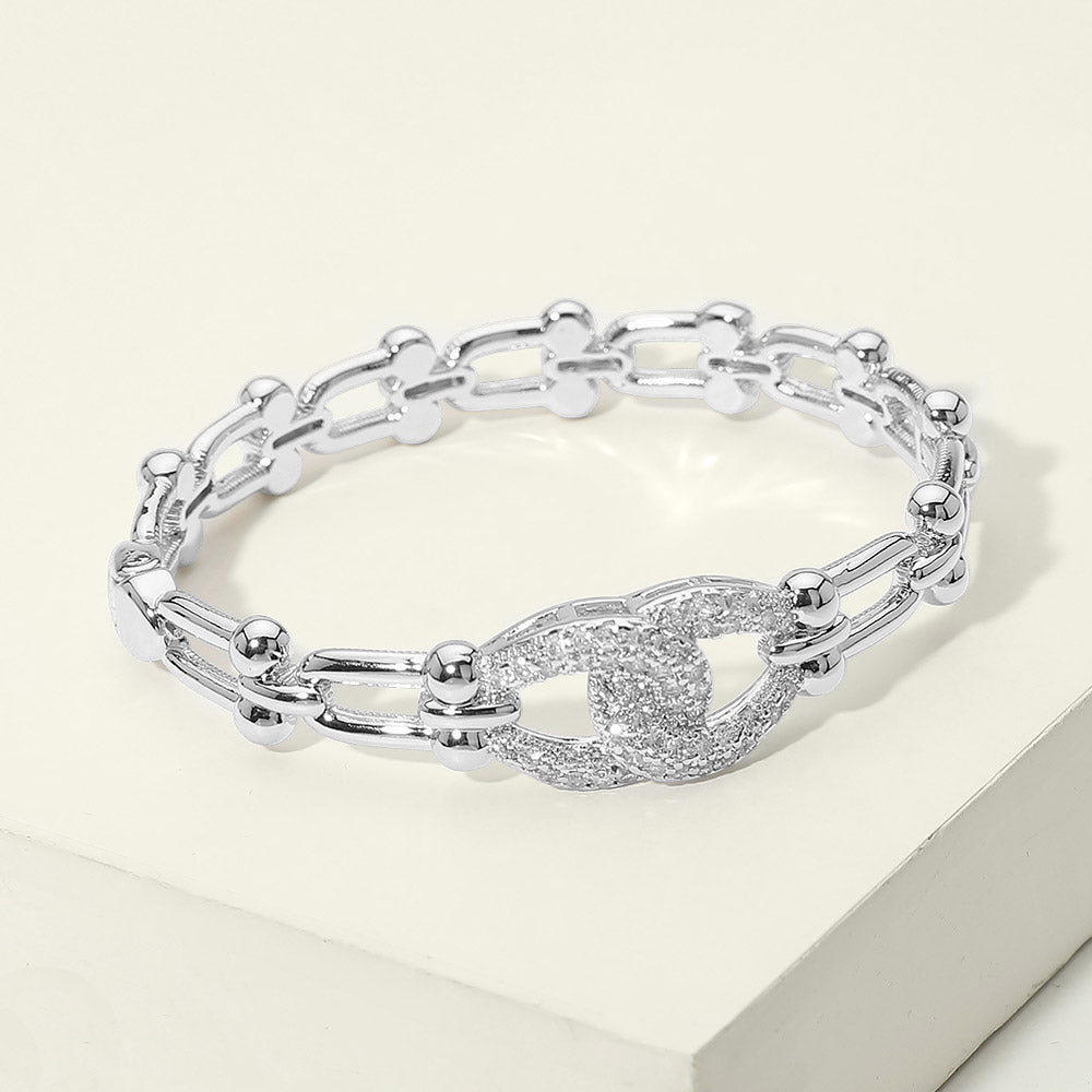 14K Gold Plated CZ Pave Link Centerpiece Industrial Chain Link Hinged Bangle Bracelet