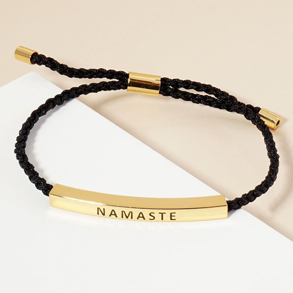 Gold Dipped NAMASTE Message Bar Pointed Rope Adjustable Cinch Pull Tie Bracelet
