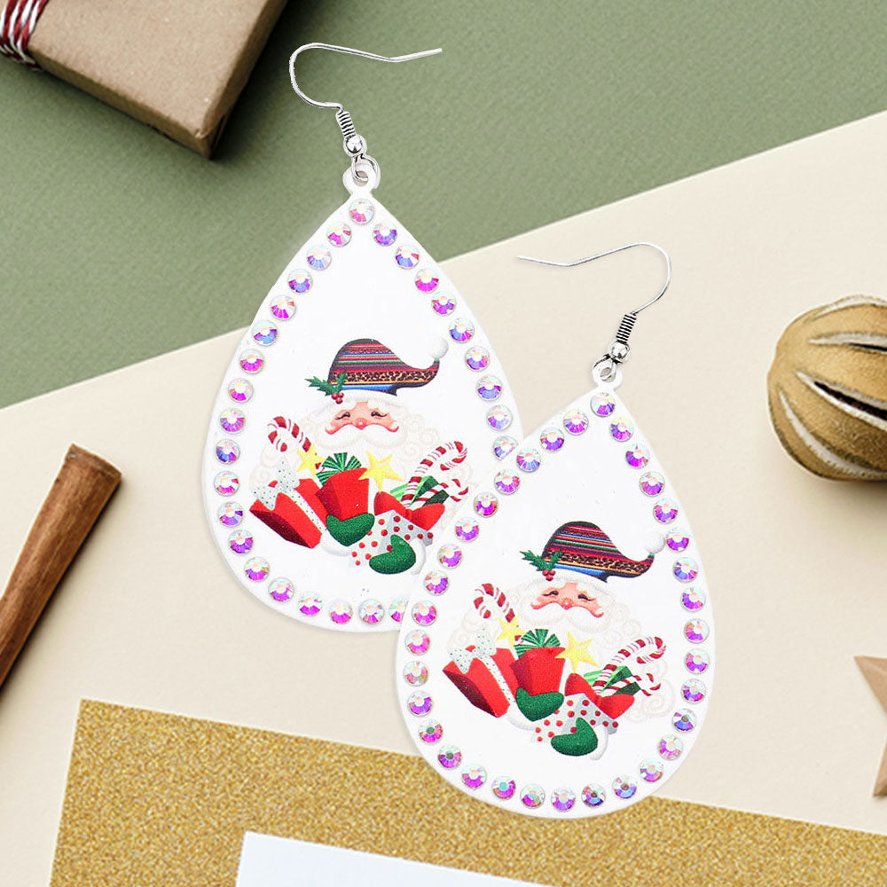 Stone Trim Santa Claus Xmas Gift Serape Print Metal Teardrop Dangle Earrings