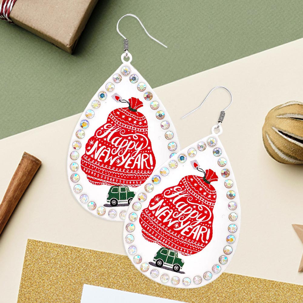 Happy New Year Message Printed Stone Trimmed Metal Teardrop Dangle Earrings
