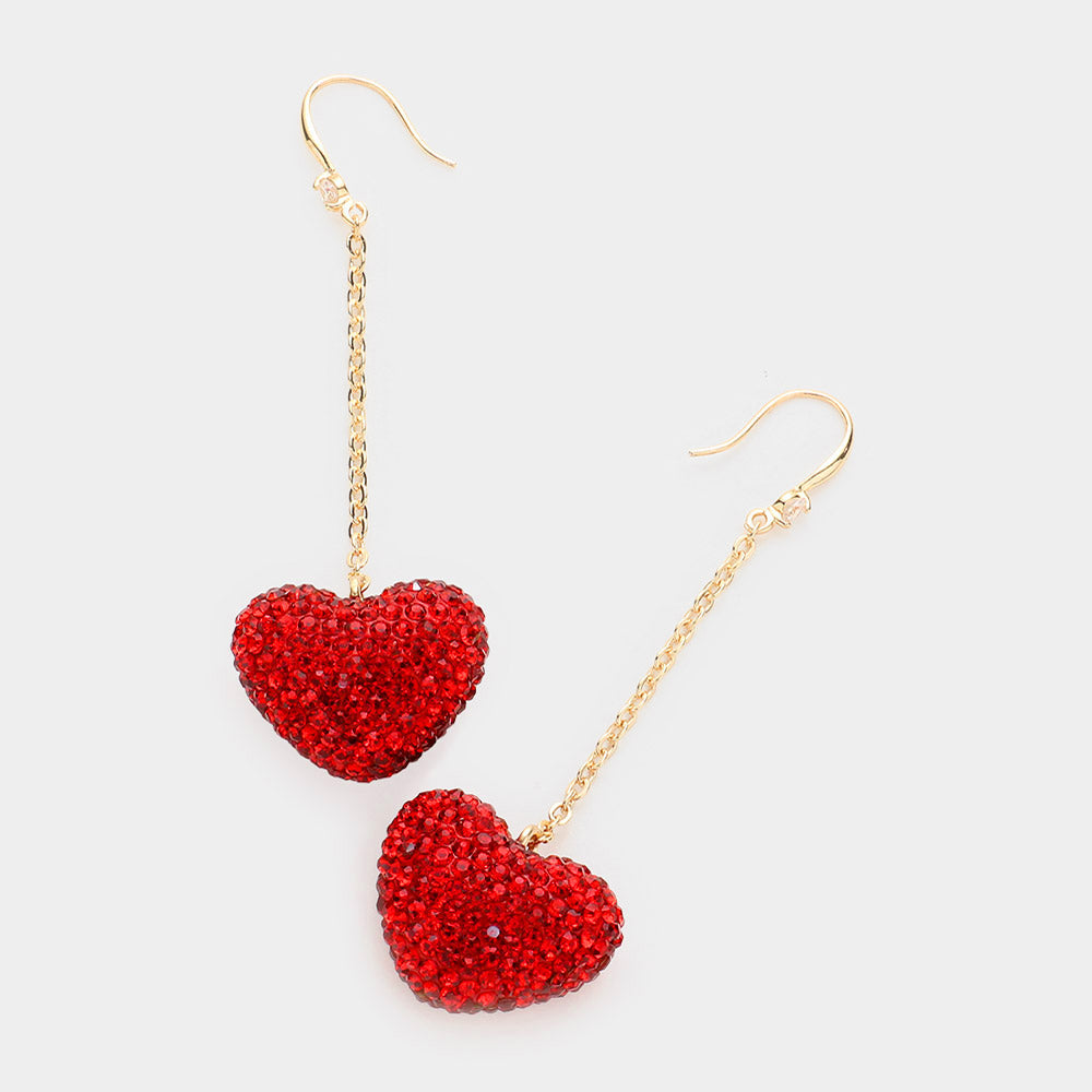 Dropped Rhinestone Pave Heart Dangle Earrings