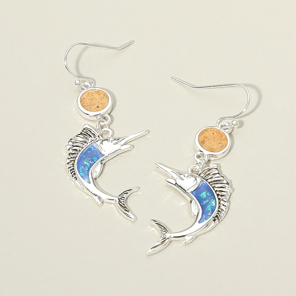 Round Swordfish Charm Link Drop Dangle Earrings